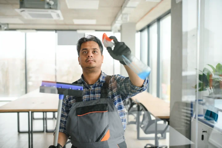 A professional cleaning worker cleans the glass wall with proper tools.